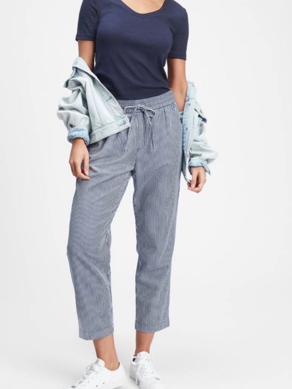 Gap Easy Pants Striped Cropped Tapered Leg Blue White Nautical Women’s M